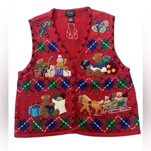 Designer Studio Originals Vintage Ugly Christmas Sweater Vest  Teddy Bear Argyle